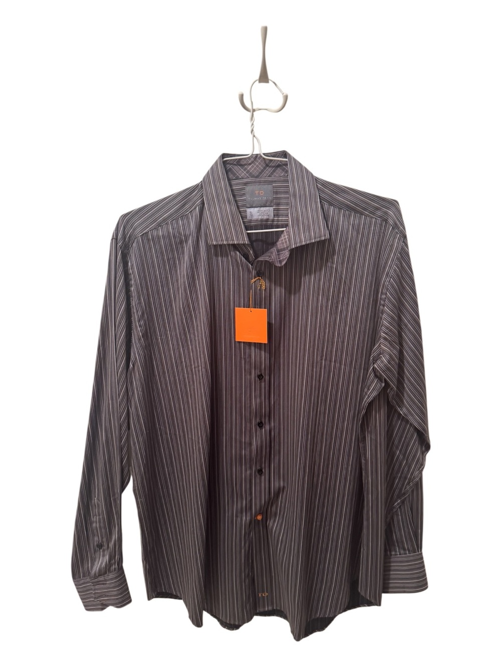 Thomas Dean Black, Gray , Cream Striped Long-Sleeve Dress Shirt Size XL
